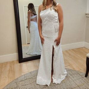 Size 8 White One Shoulder Sheath Gown w/ Sequin Skirt & Slit